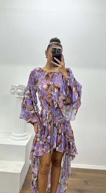 Vestido de noche de gasa de diseño especial con estampado floral lila