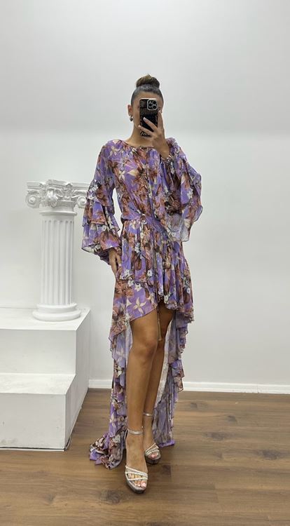 Vestido de noche de gasa de diseño especial con estampado floral lila