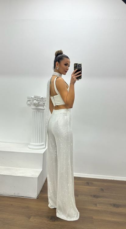 Beyaz Pantolon-Büstiyer Payet Özel Tasarım Abiye Takım