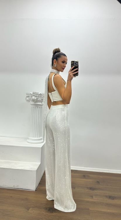 Beyaz Pantolon-Büstiyer Payet Özel Tasarım Abiye Takım