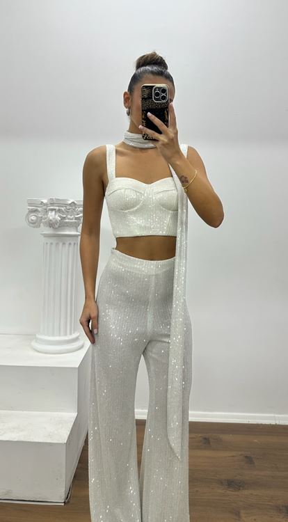 Beyaz Pantolon-Büstiyer Payet Özel Tasarım Abiye Takım