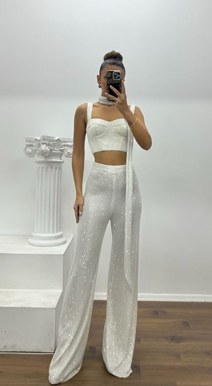 Beyaz Pantolon-Büstiyer Payet Özel Tasarım Abiye Takım