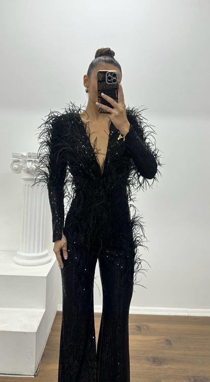 Siyah Tüy Detay Pulpayet Özel Tasarım Abiye Elbise