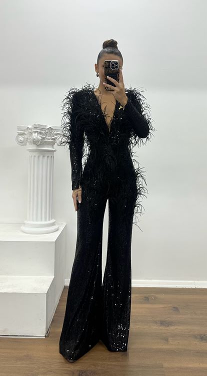 Siyah Tüy Detay Pulpayet Özel Tasarım Abiye Elbise