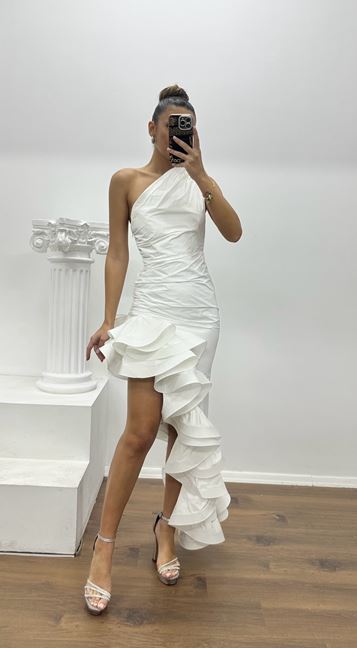 Vestido de noche blanco asimétrico de un solo hombro Valon de diseño especial