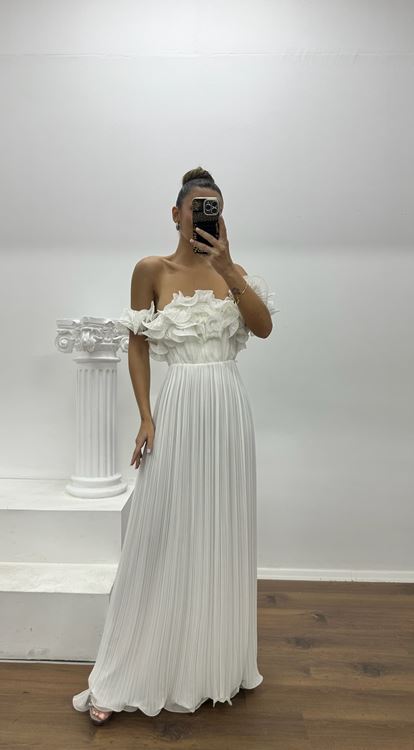 Beyaz Straplez Valonlu Özel Tasarım Abiye Elbise