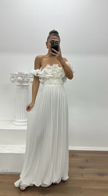 Beyaz Straplez Valonlu Özel Tasarım Abiye Elbise