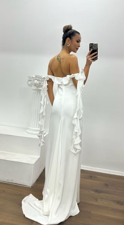 Beyaz Volan Detaylı Özel Tasarım Abiye Elbise