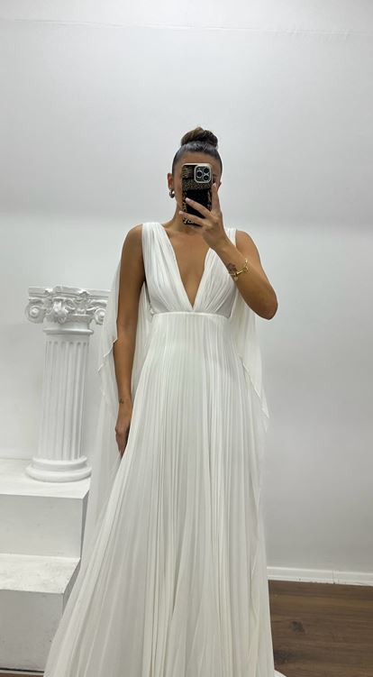Vestido de noche de diseño especial en gasa plisada blanca