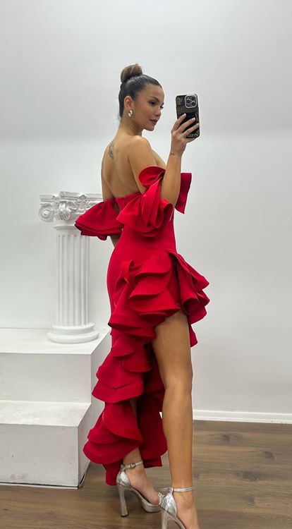 Kırmızı Asimetrik Kesim Volanlı  Özel Tasarım Abiye Elbise