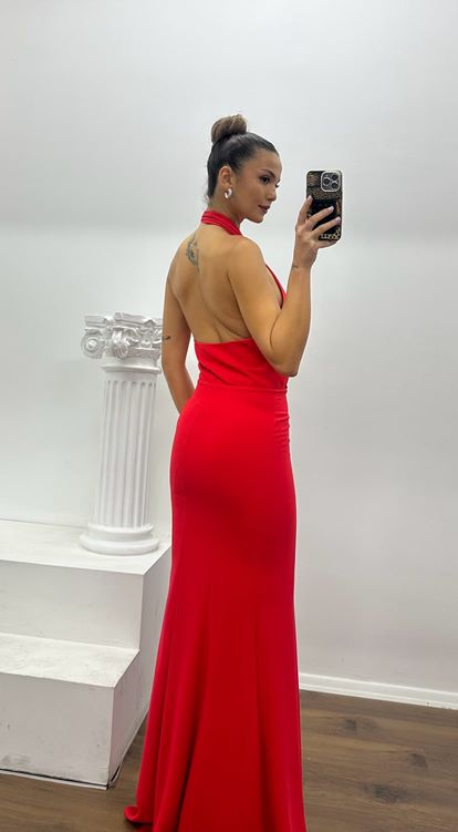 Kırmızı Halter Yaka Bel Detay Özel Tasarım Abiye Elbise