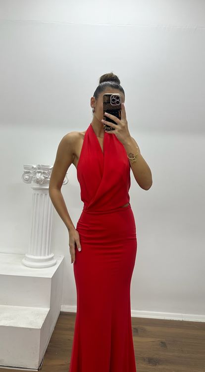 Kırmızı Halter Yaka Bel Detay Özel Tasarım Abiye Elbise