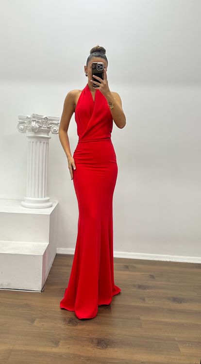 Kırmızı Halter Yaka Bel Detay Özel Tasarım Abiye Elbise