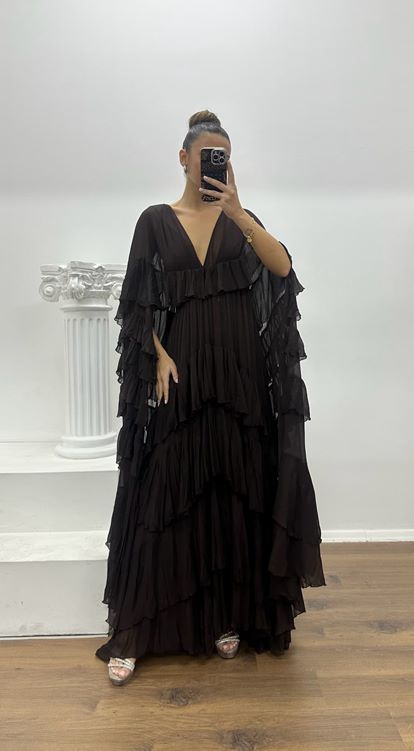 Kahverengi Bohem Fırfır Detaylı Özel Tasarım Abiye Elbise