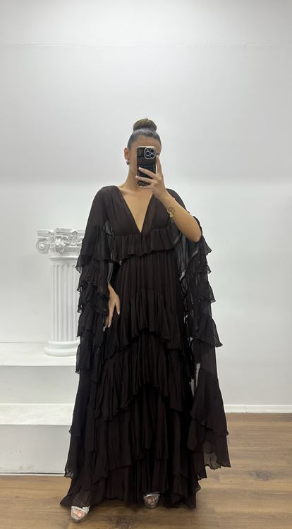 Kahverengi Bohem Fırfır Detaylı Özel Tasarım Abiye Elbise