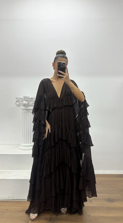 Kahverengi Bohem Fırfır Detaylı Özel Tasarım Abiye Elbise