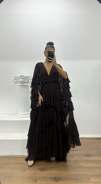 Kahverengi Bohem Fırfır Detaylı Özel Tasarım Abiye Elbise