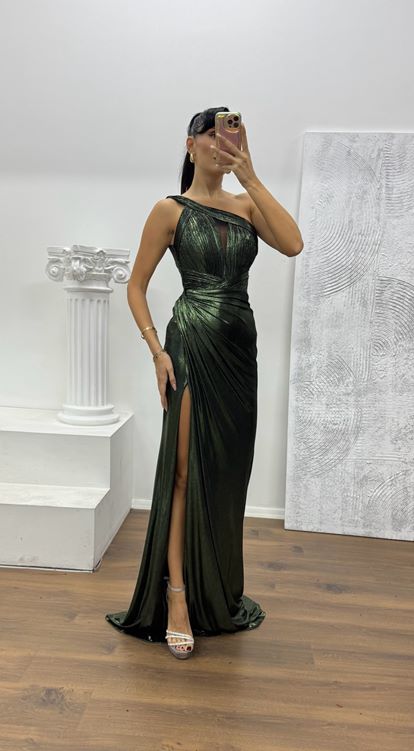 Yağ Yeşili Tek Omuz Abiye Elbise