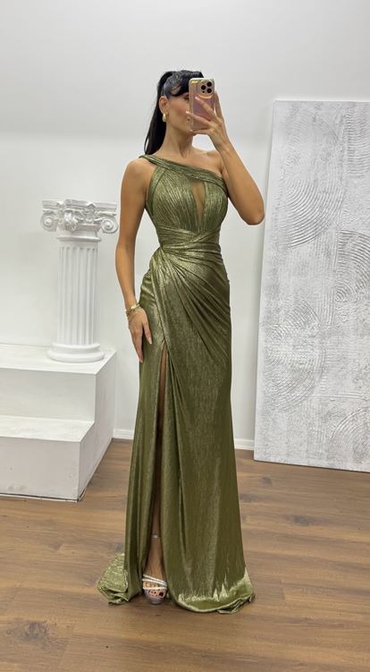 Haki Tek Omuz Abiye Elbise