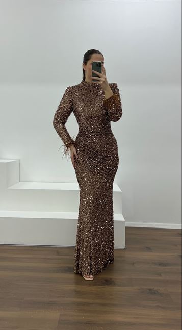 Bakır Kolları Tüy Detay Pul Payet Büyük Beden Abiye Elbise