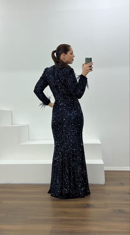 Lacivert Kolları Tüy Detay Pul Payet Büyük Beden Abiye Elbise