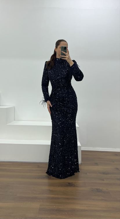 Lacivert Kolları Tüy Detay Pul Payet Büyük Beden Abiye Elbise