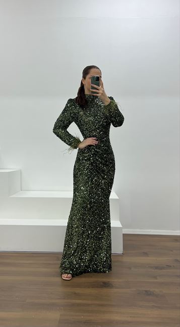 Haki Kolları Tüy Detay Pul Payet Büyük Beden Abiye Elbise