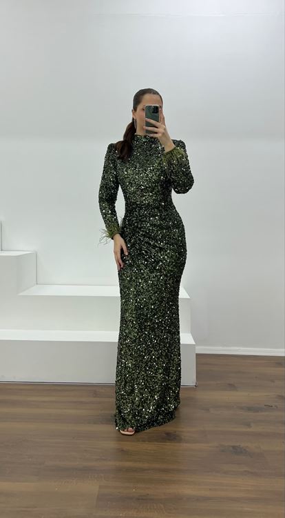 Haki Kolları Tüy Detay Pul Payet Büyük Beden Abiye Elbise