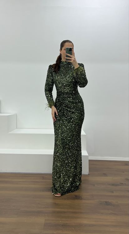 Haki Kolları Tüy Detay Pul Payet Büyük Beden Abiye Elbise