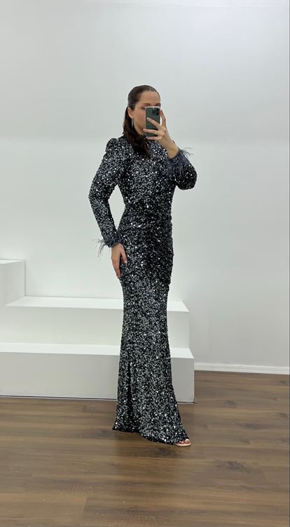 Antrasit Kolları Tüy Detay Pul Payet Büyük Beden Abiye Elbise