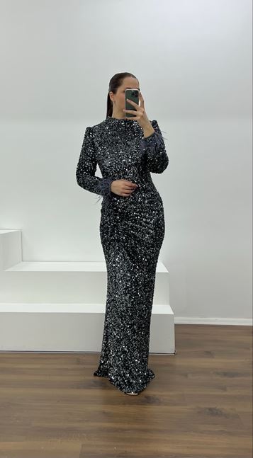 Antrasit Kolları Tüy Detay Pul Payet Büyük Beden Abiye Elbise