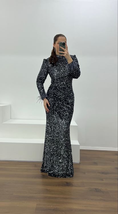 Antrasit Kolları Tüy Detay Pul Payet Büyük Beden Abiye Elbise