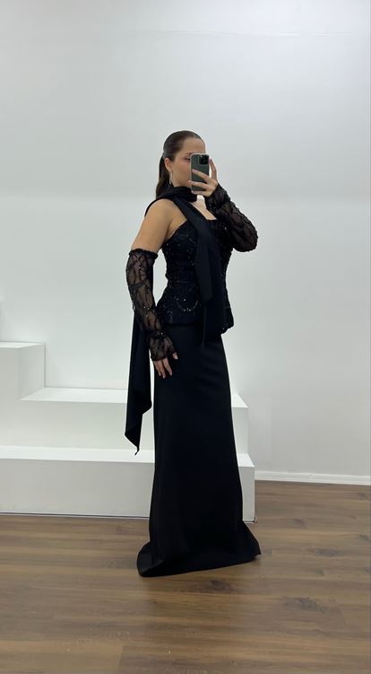 Siyah Straplez İşleme Detay Büyük Beden Abiye Elbise