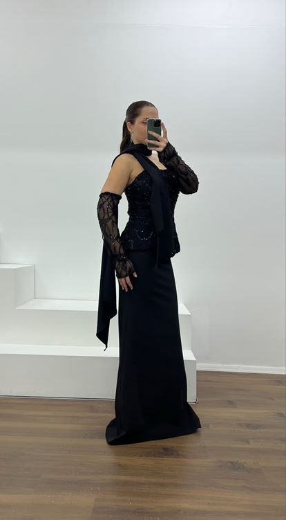 Siyah Straplez İşleme Detay Büyük Beden Abiye Elbise