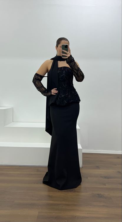 Siyah Straplez İşleme Detay Büyük Beden Abiye Elbise