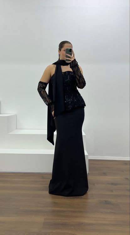 Siyah Straplez İşleme Detay Büyük Beden Abiye Elbise