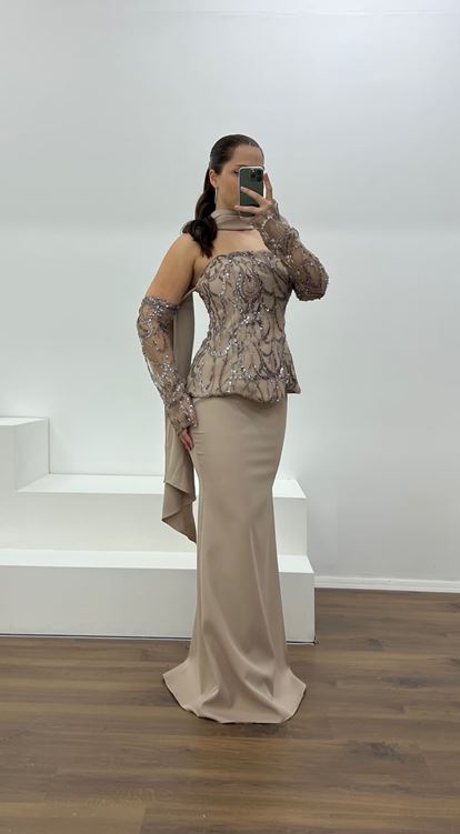 Kahve Straplez İşleme Detay Büyük Beden Abiye Elbise