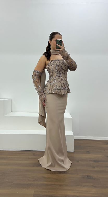 Kahve Straplez İşleme Detay Büyük Beden Abiye Elbise