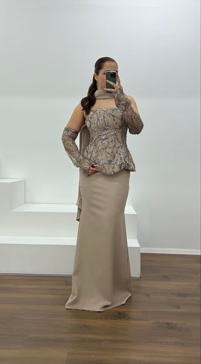 Kahve Straplez İşleme Detay Büyük Beden Abiye Elbise