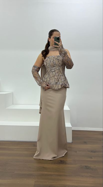 Kahve Straplez İşleme Detay Büyük Beden Abiye Elbise