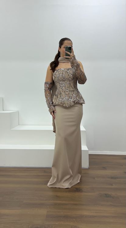 Kahve Straplez İşleme Detay Büyük Beden Abiye Elbise