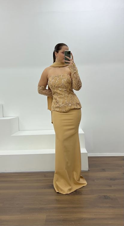 Gold Straplez İşleme Detay Büyük Beden Abiye Elbise