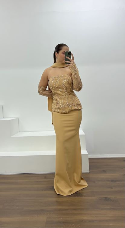 Gold Straplez İşleme Detay Büyük Beden Abiye Elbise