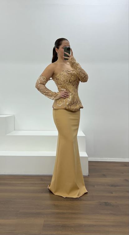 Gold Straplez İşleme Detay Büyük Beden Abiye Elbise