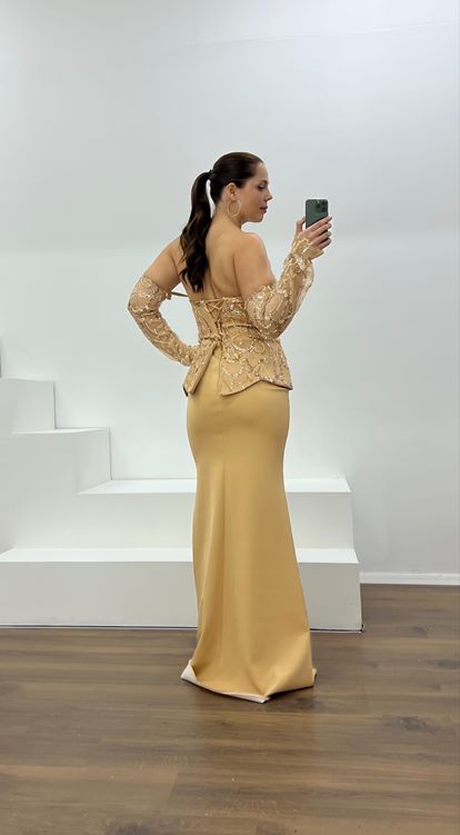 Gold Straplez İşleme Detay Büyük Beden Abiye Elbise