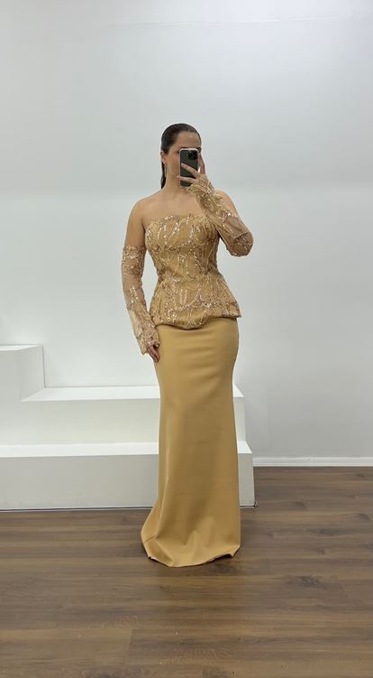 Gold Straplez İşleme Detay Büyük Beden Abiye Elbise