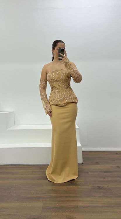 Gold Straplez İşleme Detay Büyük Beden Abiye Elbise