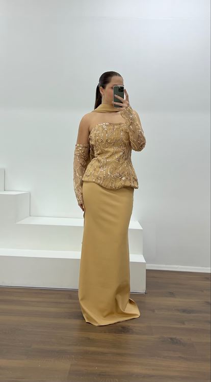 Gold Straplez İşleme Detay Büyük Beden Abiye Elbise