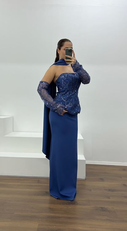 İndigo Straplez İşleme Detay Büyük Beden Abiye Elbise