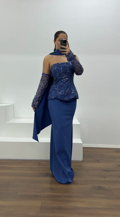 İndigo Straplez İşleme Detay Büyük Beden Abiye Elbise